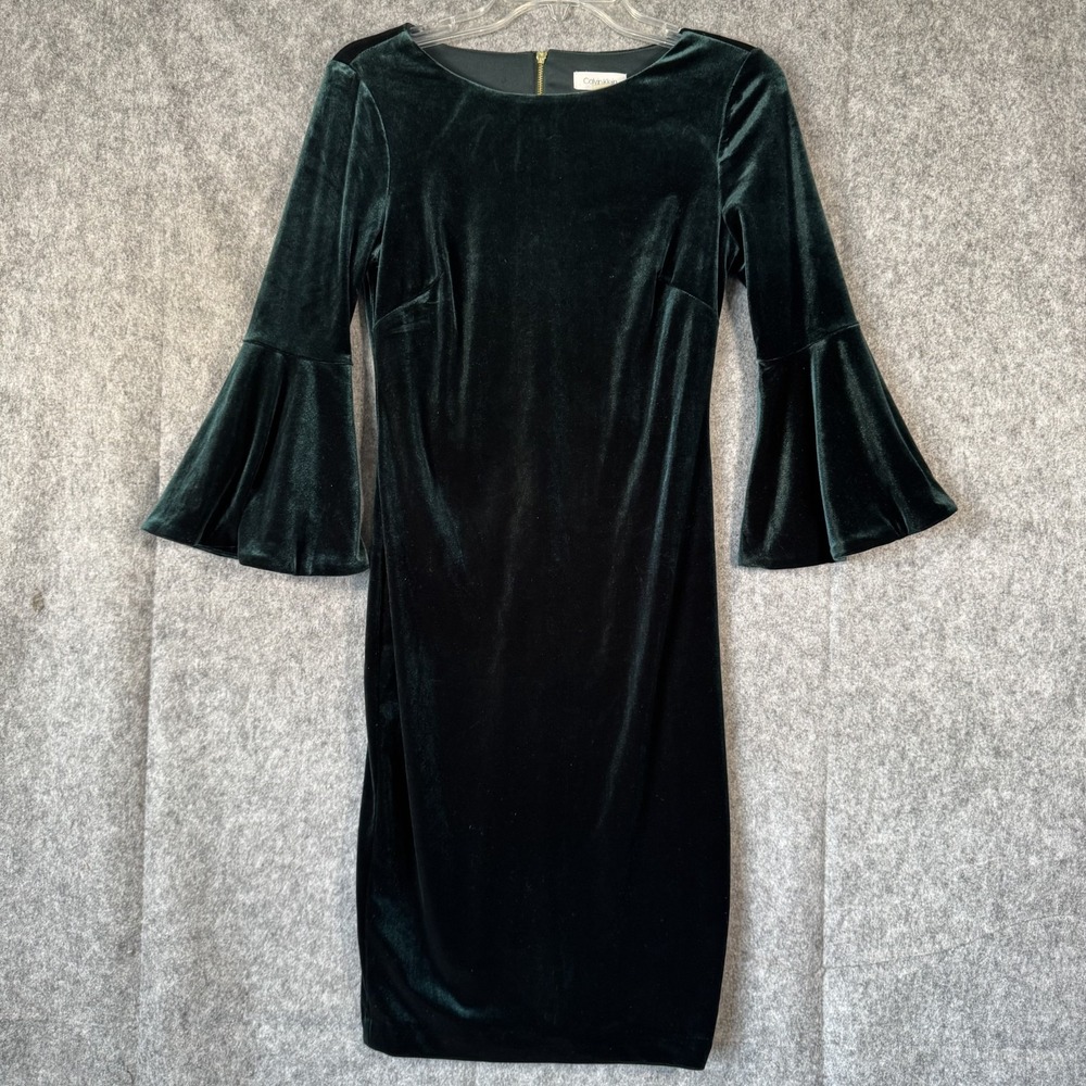 Calvin Klein Sheath‎ Dress Womens 2 Green Whimisigoth Velvet Bell Sleeve Classy